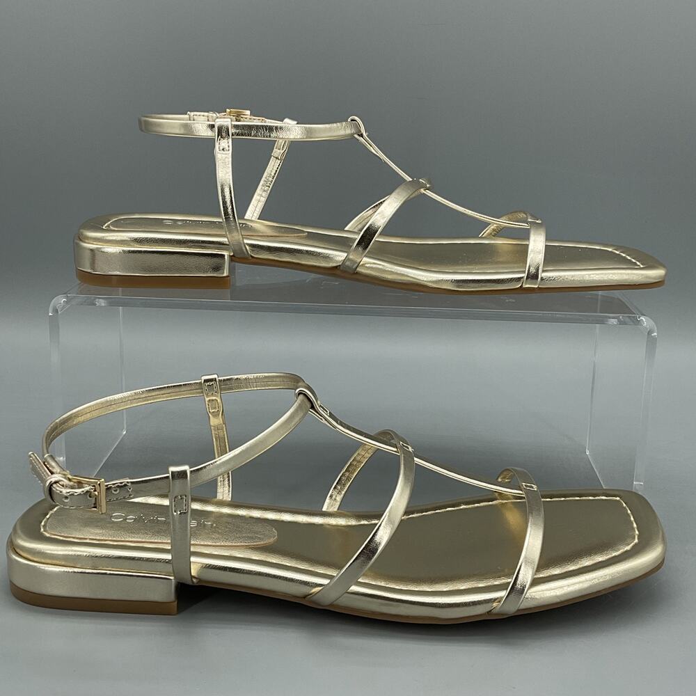 New Calvin Klein Women’s Sallia Strappy Cages Flat Sandals Gold Size 6M